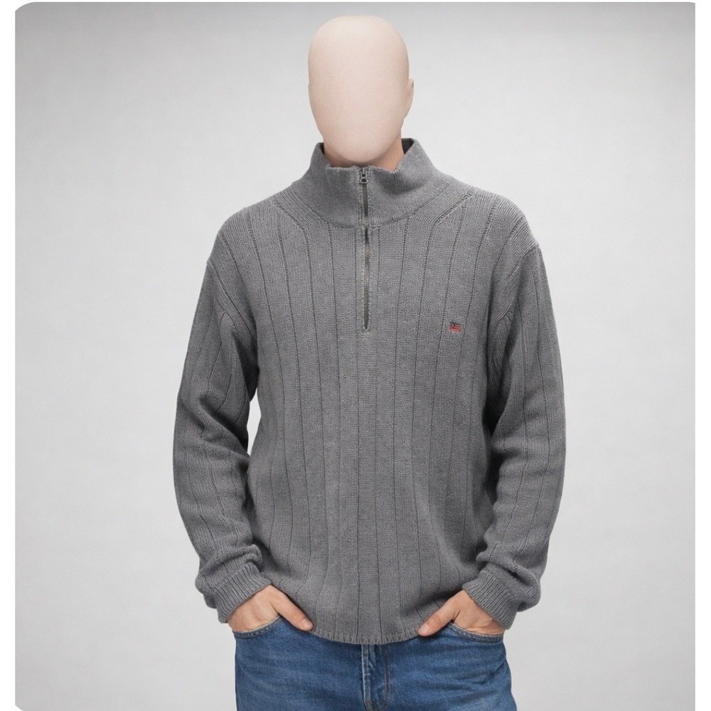 Polo Jeans Co Ralph Lauren Mens XXL Grey Ribbed 1/4 Zip Cotton Sweater‎ Pullover